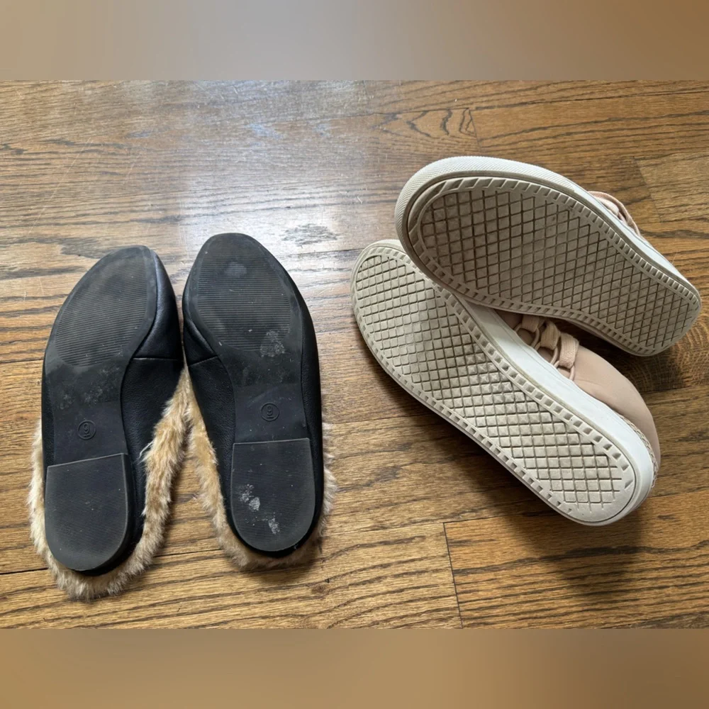 Women’s slip on shoe set: Taupe sneakers and black fur-lined mules, size 9